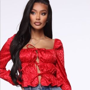 Fashion nova top “loving you too much” satin top in the color red